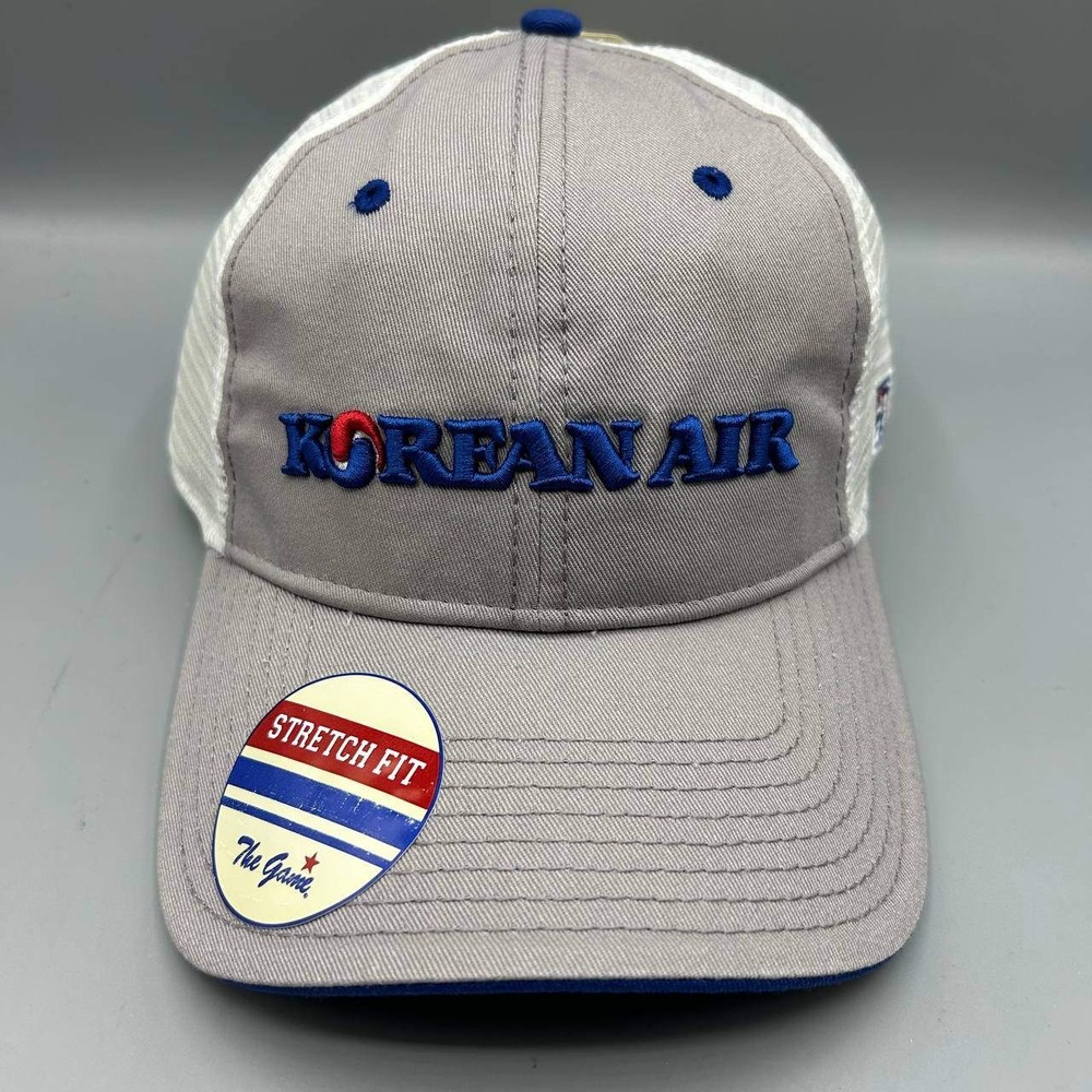 Korean Air Trucker Hat Men M-L Gray White The Game Stretch Fitted Cap New